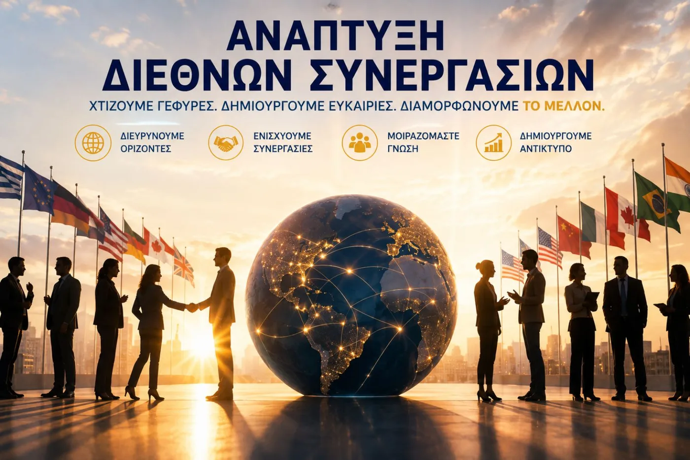 Ανάπτυξη διεθνών συνεργασιών: χτίζουμε γέφυρες, δημιουργούμε ευκαιρίες, διαμορφώνουμε το μέλλον. Διευρύνουμε ορίζοντες · ενισχύουμε συνεργασίες · μοιραζόμαστε γνώση · δημιουργούμε αντίκτυπο.