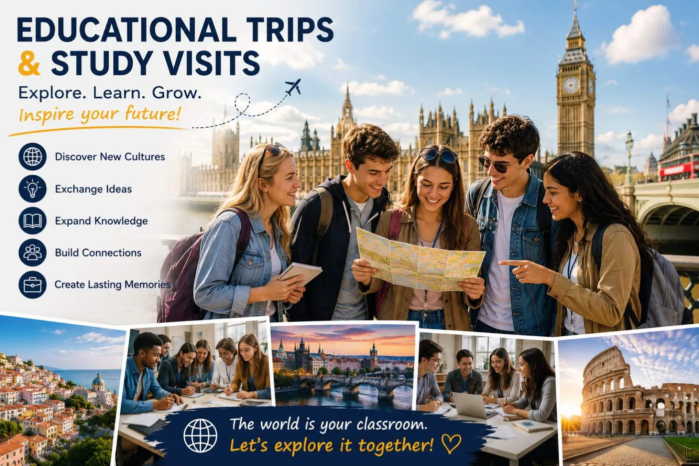 Ομάδα φοιτητών με χάρτη σε ευρωπαϊκή πόλη. Educational Trips & Study Visits: discover new cultures, exchange ideas, expand knowledge, build connections, create lasting memories.