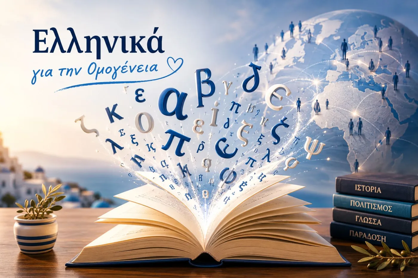Ελληνικά για την Ομογένεια — ανοιχτό βιβλίο με ελληνικά γράμματα να πετούν προς έναν παγκόσμιο χάρτη· ιστορία, πολιτισμός, γλώσσα, παράδοση.