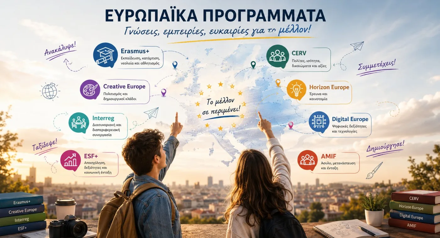 Χάρτης της Ευρώπης με τα οκτώ προγράμματα: Erasmus+ (εκπαίδευση, κατάρτιση, νεολαία και αθλητισμός), CERV (πολίτες, ισότητα, δικαιώματα και αξίες), Creative Europe (πολιτισμός και δημιουργικοί κλάδοι), Horizon Europe (έρευνα και καινοτομία), Interreg (διασυνοριακή και διαπεριφερειακή συνεργασία), Digital Europe (ψηφιακές δεξιότητες και τεχνολογίες), ESF+ (απασχόληση, δεξιότητες και κοινωνική ένταξη) και AMIF (άσυλο, μετανάστευση και ένταξη).