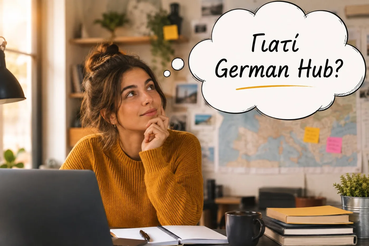Νέα γυναίκα σε γραφείο σκέφτεται: «Γιατί German Hub;» — με χάρτη της Ευρώπης στον τοίχο πίσω της.