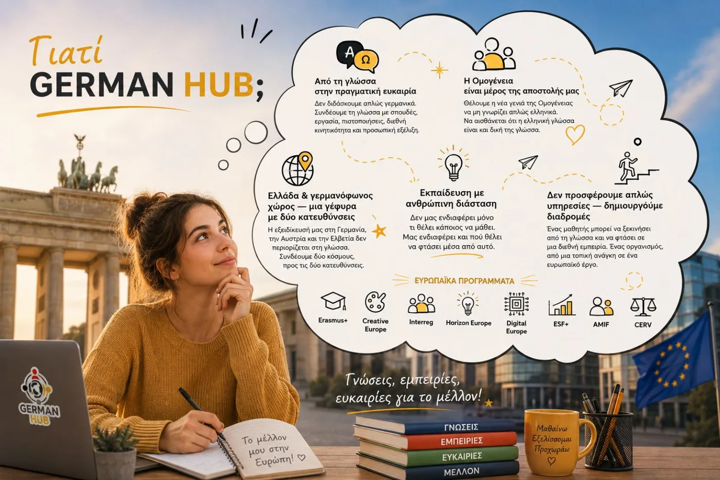 Γιατί German Hub; Από τη γλώσσα στην πραγματική ευκαιρία · Η Ομογένεια είναι μέρος της αποστολής μας · Ελλάδα και γερμανόφωνος χώρος, μια γέφυρα με δύο κατευθύνσεις · Εκπαίδευση με ανθρώπινη διάσταση · Δεν προσφέρουμε απλώς υπηρεσίες, δημιουργούμε διαδρομές. Ευρωπαϊκά προγράμματα: Erasmus+, Creative Europe, Interreg, Horizon Europe, Digital Europe, ESF+, AMIF, CERV.