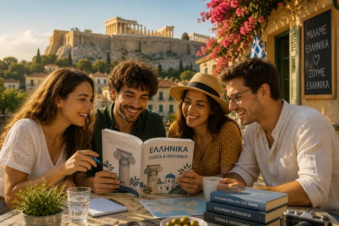 Παρέα ενηλίκων διαβάζει «Ελληνικά — Γλώσσα & Πολιτισμός» σε ταβέρνα με θέα την Ακρόπολη.