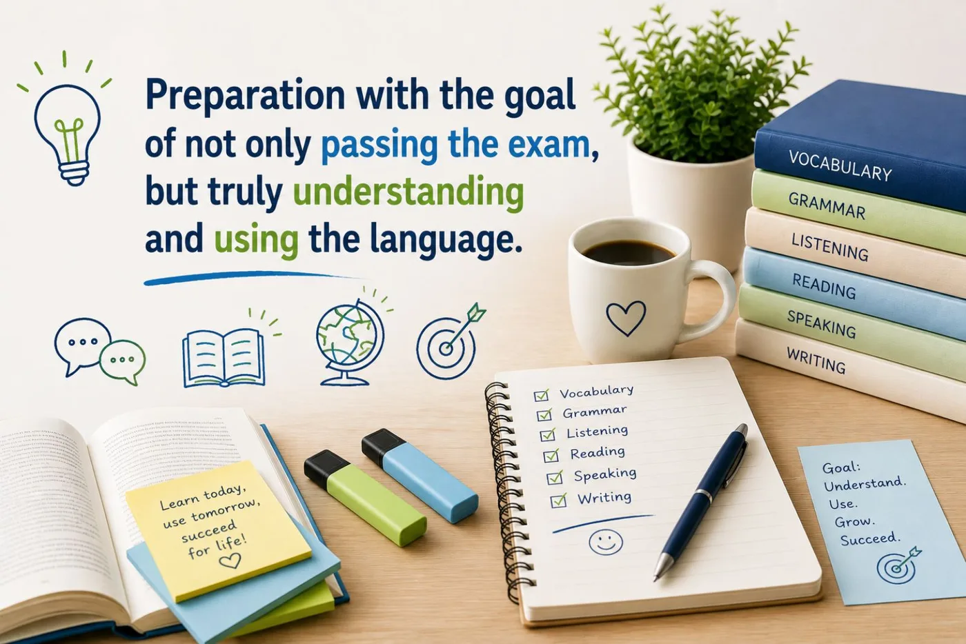 «Preparation with the goal of not only passing the exam, but truly understanding and using the language» — vocabulary, grammar, listening, reading, speaking, writing.