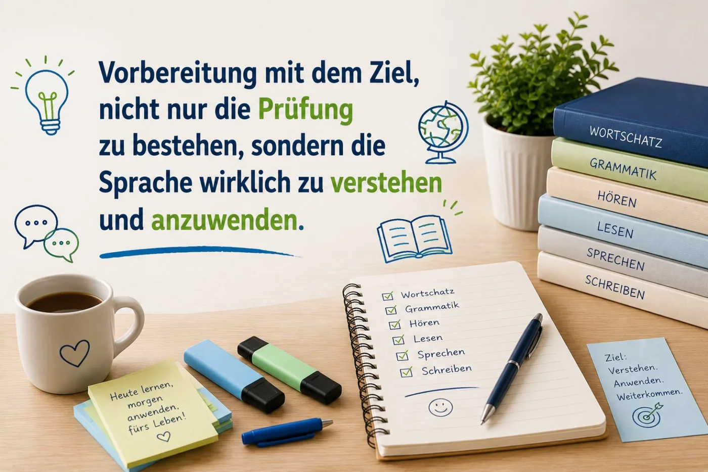 «Vorbereitung mit dem Ziel, nicht nur die Prüfung zu bestehen, sondern die Sprache wirklich zu verstehen und anzuwenden» — Wortschatz, Grammatik, Hören, Lesen, Sprechen, Schreiben.