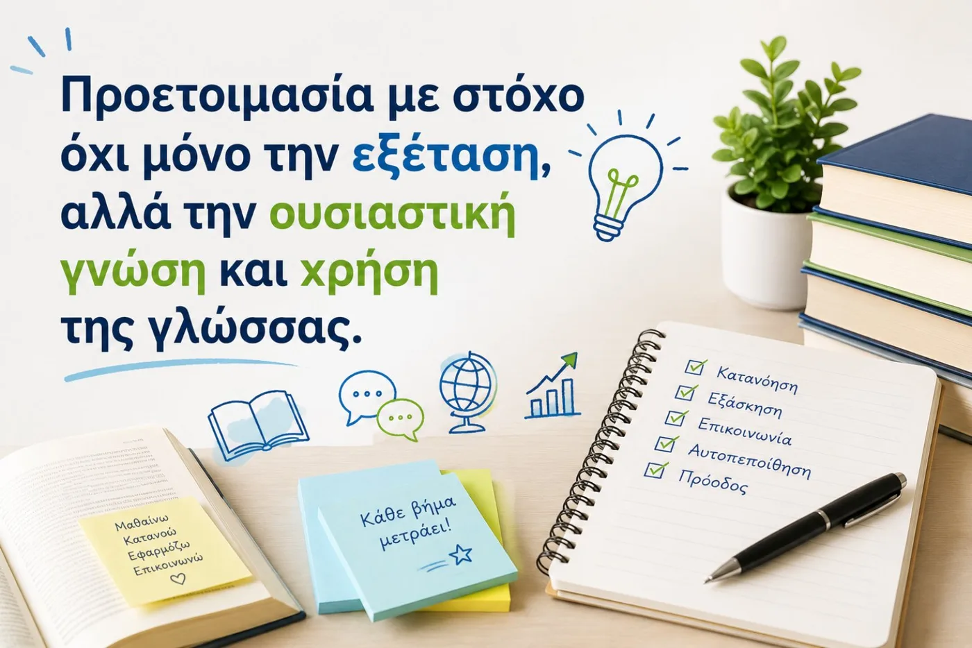 «Προετοιμασία με στόχο όχι μόνο την εξέταση, αλλά την ουσιαστική γνώση και χρήση της γλώσσας» — κατανόηση, εξάσκηση, επικοινωνία, αυτοπεποίθηση, πρόοδος.