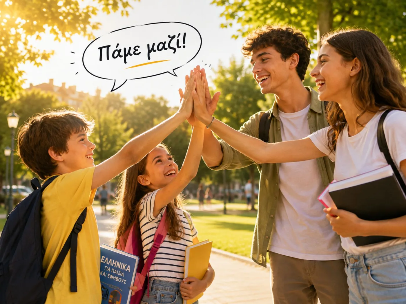 Παιδιά και έφηβοι σε πάρκο δίνουν τα χέρια, κρατώντας βιβλίο «Ελληνικά για παιδιά και εφήβους». «Πάμε μαζί!»